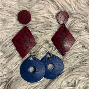 Geometric Crafted Red and Blue Costume Earrings Set